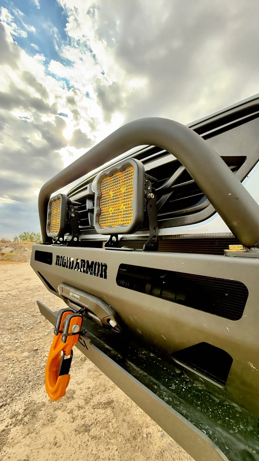 Close-up of the Rigid Armor front bumper and recovery hardware
